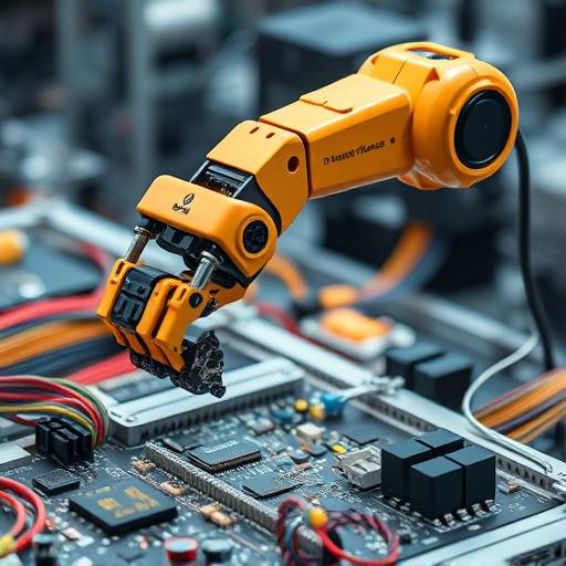 A robot arm assembling electronics, symbolizing robotics and automation.