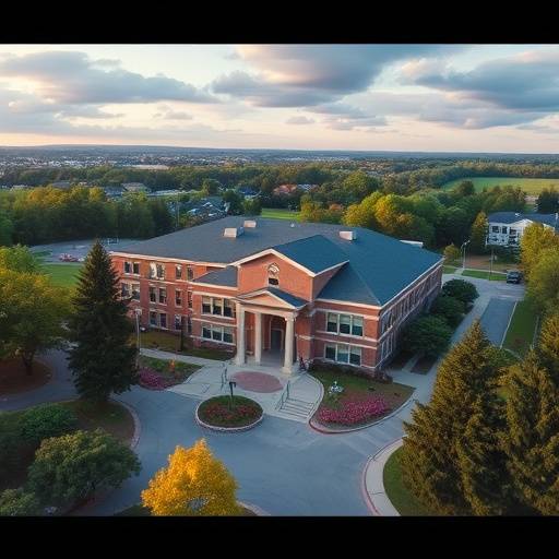 Aerial view of Apex Academy campus buildings