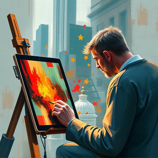 An artist painting digitally on a tablet, showcasing digital art and design.