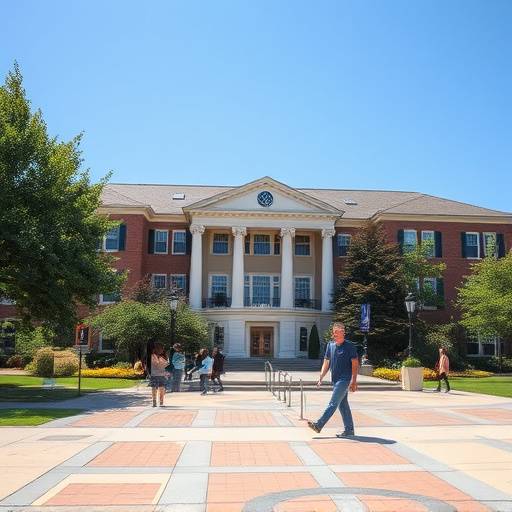 Campus building with students walking around.