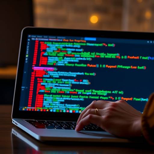 Close-up of hands typing code on a laptop, illustrating software development.